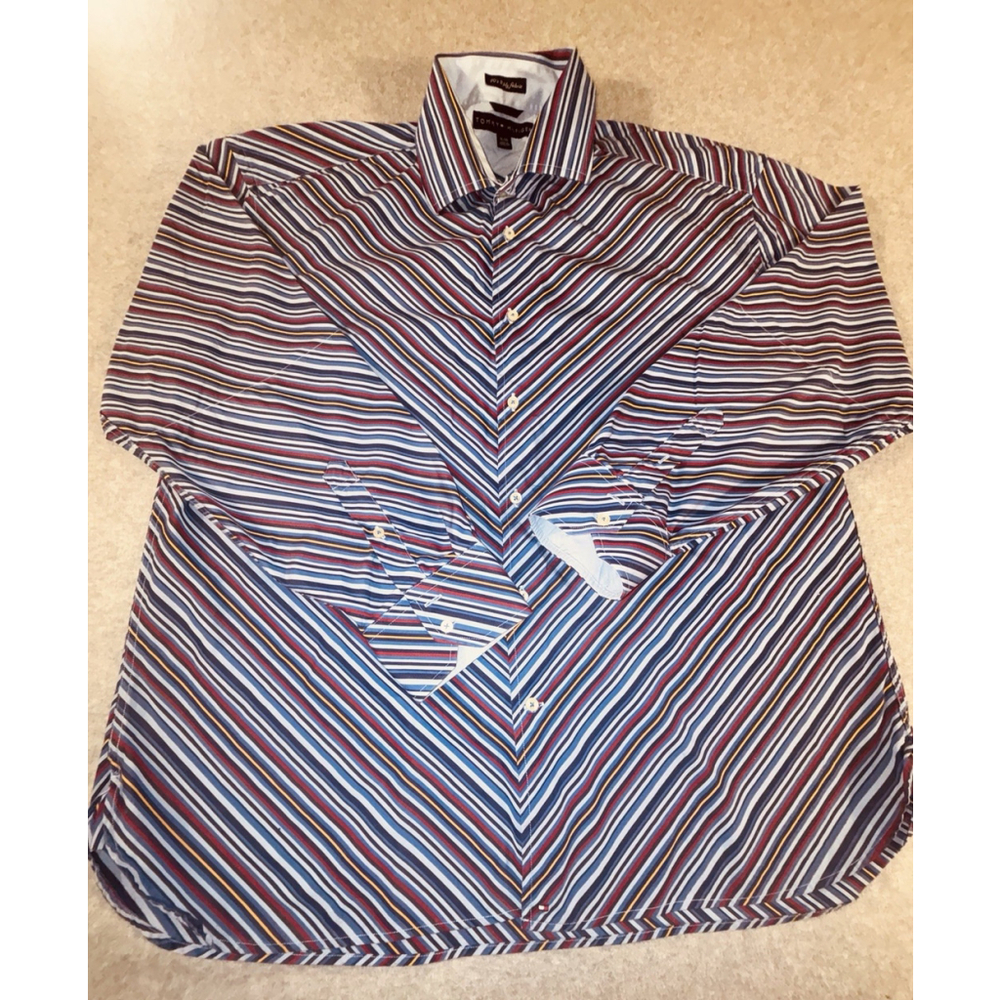 Tommy Hilfiger‎ Shirt Mens Large Blue Stripe Button Up Cotton Casual